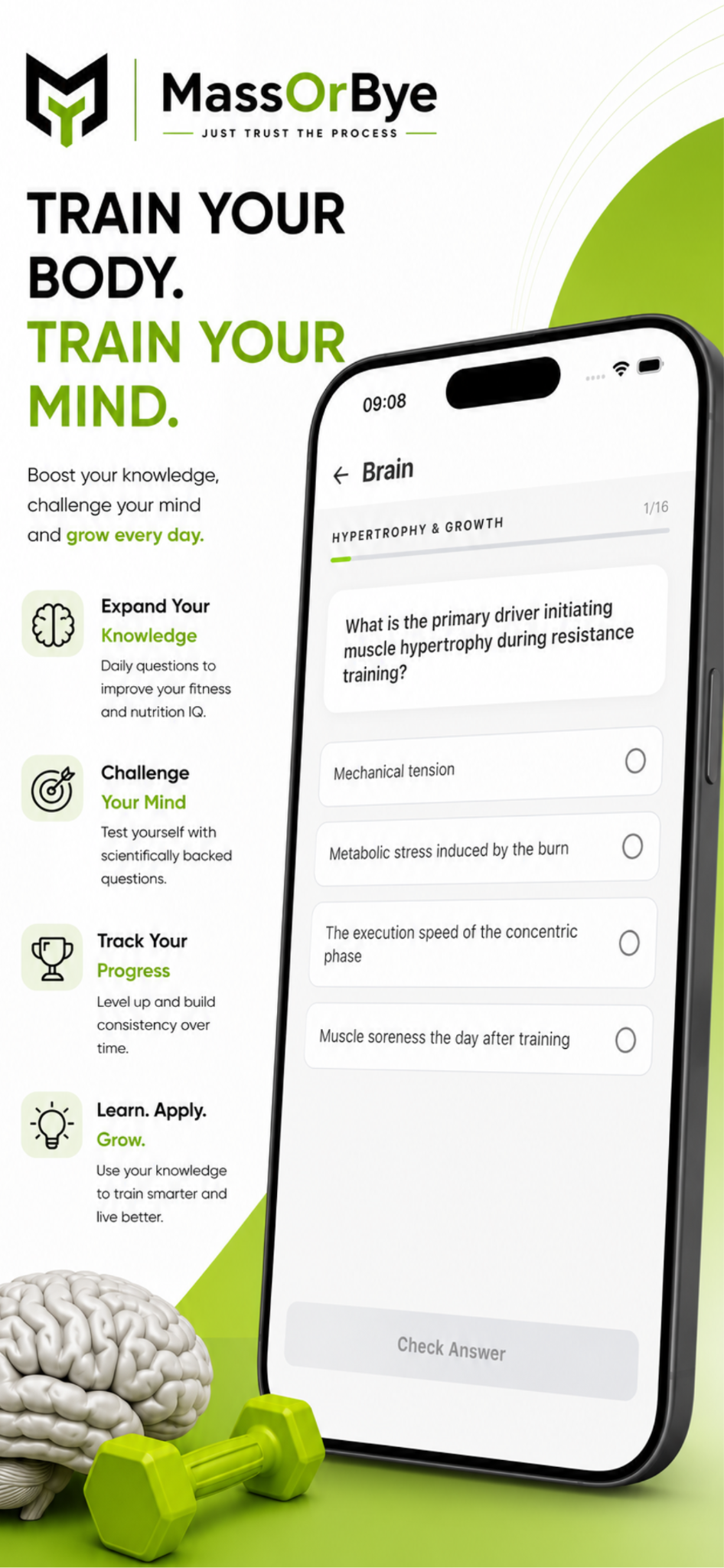 MassOrBye Brain screen with a hypertrophy quiz