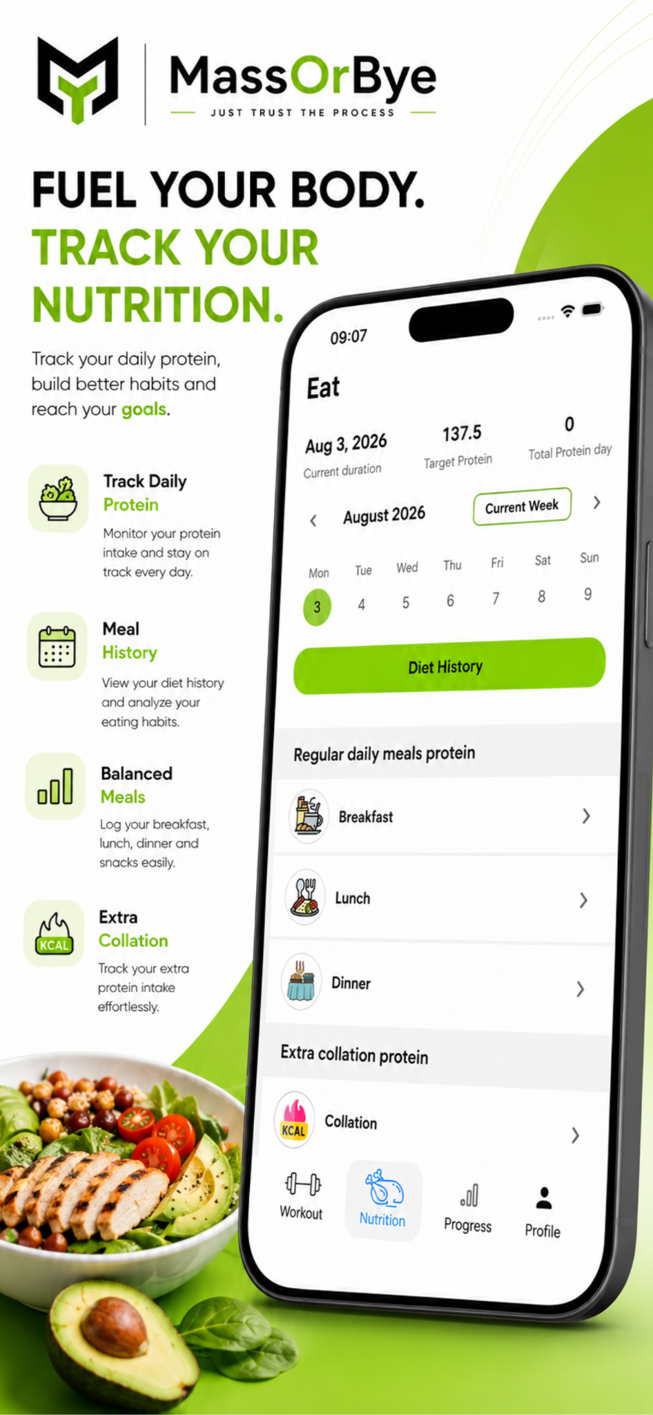 MassOrBye Nutrition screen for tracking daily protein
