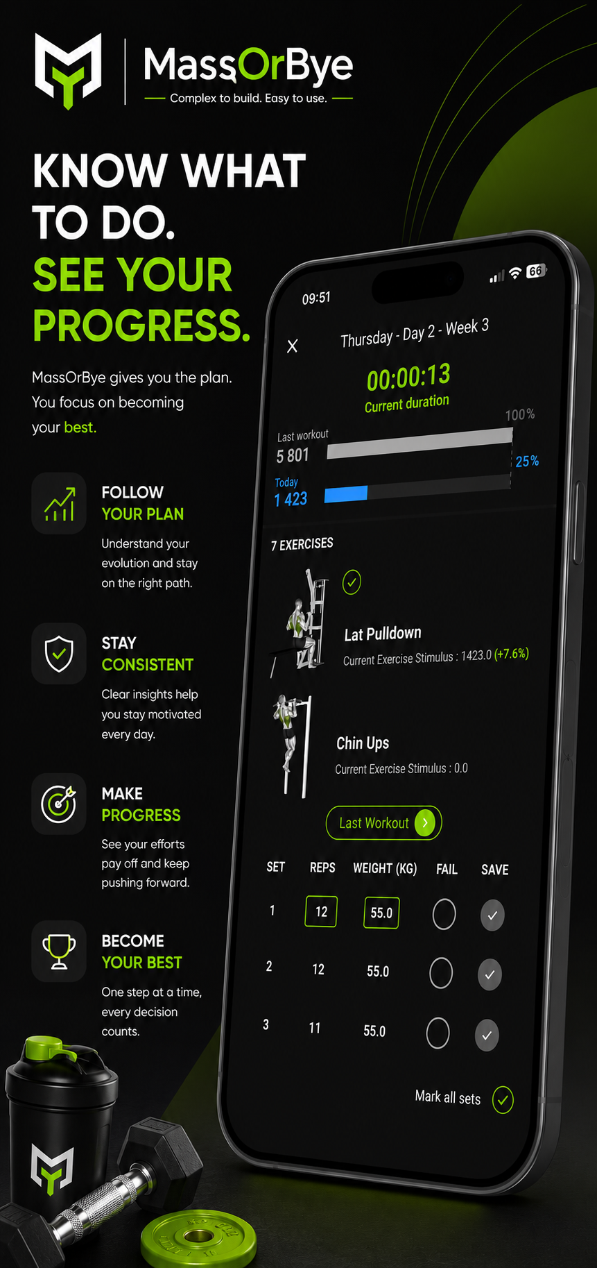 MassOrBye workout showing stimulus, sets, reps and weights